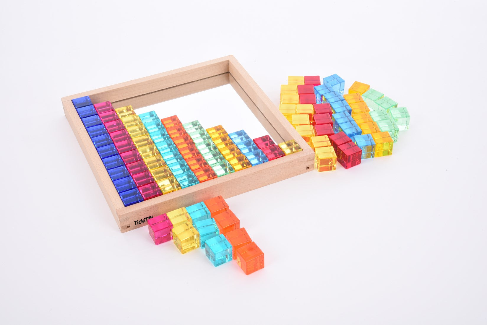 Sensory play - transparant gem cubes in tray