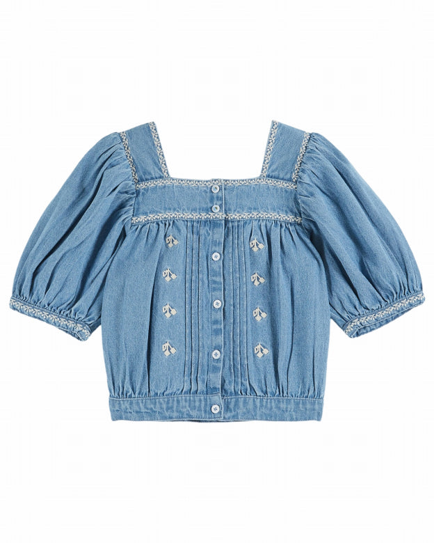 Emile et Ida - kids - embroided blouse - chambray light denim