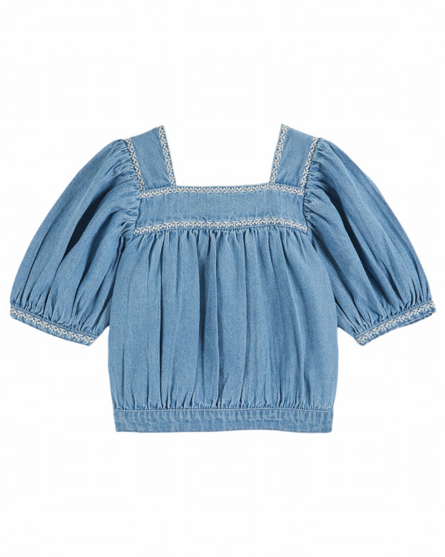 Emile et Ida - kids - embroided blouse - chambray light denim