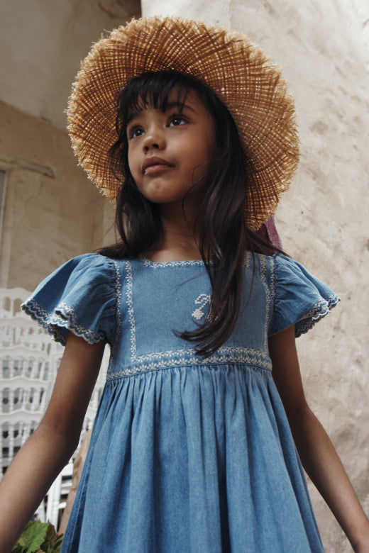 Emile et Ida - kids - embroided dress - light denim